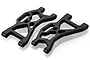Two black aluminium lower suspension arms for an RC car, shown from an angled top-down perspective against a white background.