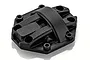 A black plastic HSP gear cover spare part for an RC vehicle, shown from a high-angle studio perspective.