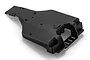A black molded plastic main chassis plate for an HSP RC vehicle, viewed from a high angle against a white background.