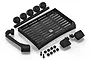 A black plastic RC scale roof rack set including a rack, light bar with four spotlights, a snorkel, two side mirrors, and various mounting screws.
