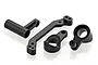 A set of four black aluminium RC car steering components including a servo saver arm and bell crank parts on a white background.