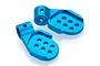 Two blue anodized aluminium RC car front body post mounts with multiple adjustment holes, shown on a white background.