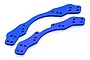 Two blue anodized aluminium rear body post mounting plates for an RC car, shown on a white background.