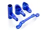 A set of four dark blue anodized aluminium RC steering components including servo saver parts and a steering link on a white background.