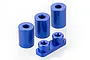 Four blue anodized aluminium RC servo mounts, including three cylindrical spacers and one dual-post mounting plate.