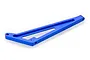 A blue anodized aluminium rear chassis brace for an HSP RC car, featuring a triangular cutout design and mounting holes.