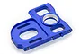 A blue anodized aluminium motor mount plate for an RC car, featuring various cutouts and threaded mounting holes.