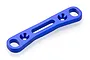 A blue anodized aluminium rear suspension arm pin brace for an RC car, featuring a central slot and two countersunk screw holes.