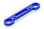 A blue anodized aluminium rear suspension arm pin brace for an HSP RC car, shown from a high-angle perspective against a white background.