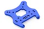A blue anodized aluminium front shock tower for an RC car, featuring multiple mounting holes and a central cutout, isolated on a white background.