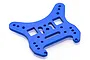 A blue anodized aluminium front shock tower for an RC car, featuring multiple mounting holes and cutouts, isolated on a white background.