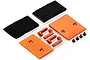 HSP orange anodised aluminium body mounting plates, small brackets, and black screws with adhesive velcro strips on a white background.