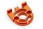 An orange anodized aluminium RC motor mount plate with a central circular opening and mounting holes, shown against a white background.