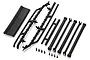 A set of black plastic RC roof rack components including side rails, crossbars, and small mounting screws on a white background.