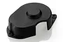A black plastic gear cover for an RC car, featuring a textured finish and two mounting holes, isolated on a white background.