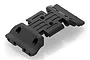 A black plastic RC car skid plate component with mounting holes and a textured surface, shown from a high-angle perspective.