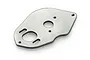 A silver-coloured aluminium motor plate for an RC car, featuring various mounting holes and slots, isolated on a white background.