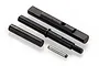 A set of four black metal RC gear shafts and pins on a white background.