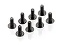 Eight black metal button head screws arranged on a white background.