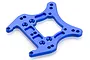 A blue anodized aluminium front shock tower for an HSP RC car, featuring multiple mounting holes and a central cutout.