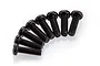 A set of eight black metal button head screws arranged in a fan shape on a white background.