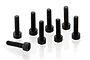 A set of eight black metal cap head screws with hex sockets, arranged on a white surface.