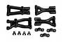 A set of black plastic suspension arms and small mounting components for an HPI E10 RC car, arranged on a white background.
