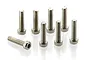 A set of eight silver-coloured metal cap head screws with hexagonal sockets, arranged on a white background.