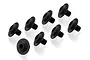 A set of eight black metal flanged head screws with hex drive sockets, arranged on a white background.