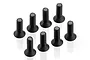 A set of eight black metal countersunk head screws arranged in a group on a white background.