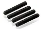 Four black metal grub screws with fine threads arranged diagonally on a white background.
