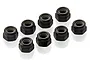 Eight black aluminium nyloc nuts arranged in a group on a white background.