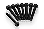 Eight black metal cap head screws arranged in a fan shape on a white background.