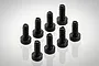 A group of eight black metal cap head screws arranged on a white surface.