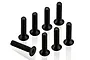 Eight black metal countersunk screws with hex drive heads arranged on a white surface.