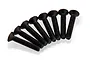 Eight black metal countersunk head screws arranged in a fan shape on a white background.