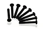 A set of eight black button head screws arranged in a fan shape against a white background.