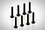 A set of eight black metal button head screws arranged in two rows against a white background.