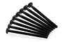 A set of eight black metal button head screws arranged in a fan shape against a white background.
