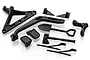 A set of black plastic scale RC accessories including a snorkel, shovel, axe, side mirrors, windshield wipers, and mounting brackets on a white background.