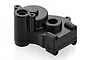 A black plastic HSP gearbox case for an RC vehicle, shown from a high-angle studio perspective against a white background.