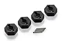 Four black 12mm RC wheel hex adapters and four small metal drive pins arranged on a white background.
