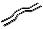 Two black metal RC chassis rails with pre-drilled mounting holes, shown from an elevated angle against a white background.