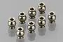 Eight small silver-coloured metal pivot balls arranged on a reflective grey surface.