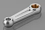A silver-coloured metal connecting rod for an RC nitro engine, shown at an angle on a grey reflective surface.