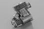 A grey cast metal HSP SH.21 nitro RC engine block with cooling fins and a serial number stamped on the side.