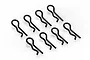 A set of eight black metal R-clips or body pins for RC car shells arranged on a white background.