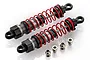 Two HSP aluminium RC shock absorbers with red springs and four small metal ball joint inserts on a white background.
