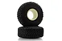 Two black RC rock crawler tyres with aggressive tread patterns and internal foam inserts, stacked vertically against a white background.