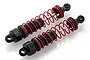 Two HSP RC shock absorbers with black plastic bodies and bright red coil springs on a white background.